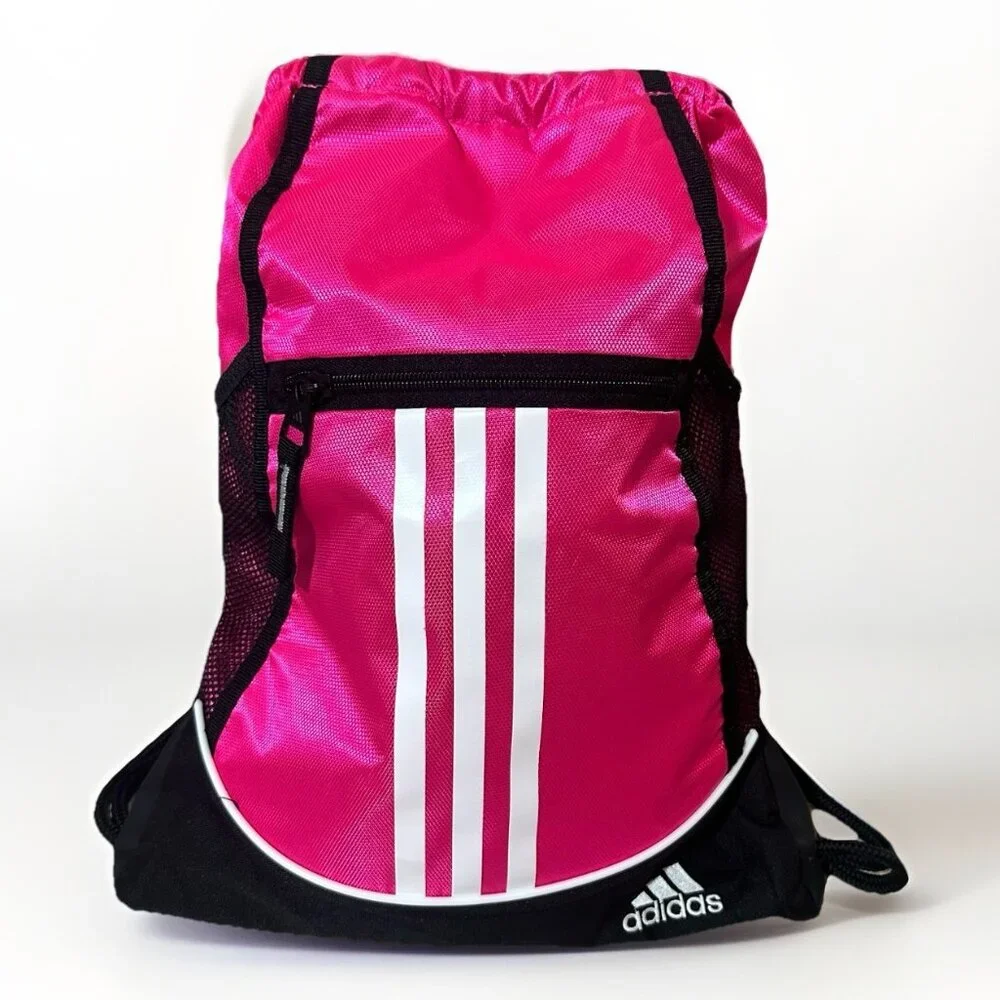 Adidas Backpack Pink And Black Drawstring Rope Style Pull Closure Zipper Pocket - Picture 1 of 10